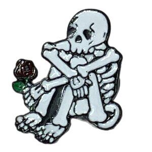 Goth Sad Skeleton w/ Dark Red Rose Enamel Pin Brooch Moody Dark Emo